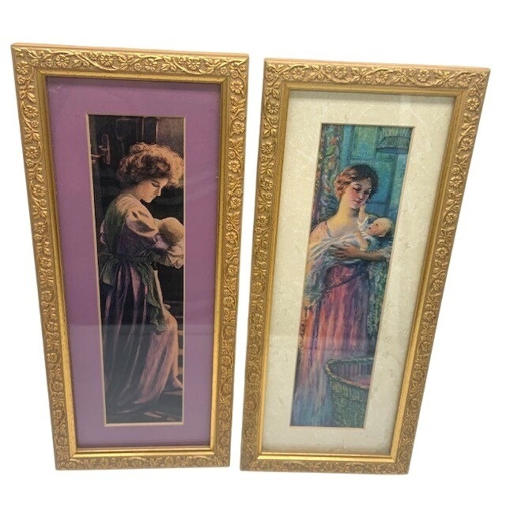 Vintage Mother & Baby Framed Prints Set of 2 Ornate Gold Victorian Cottagecore